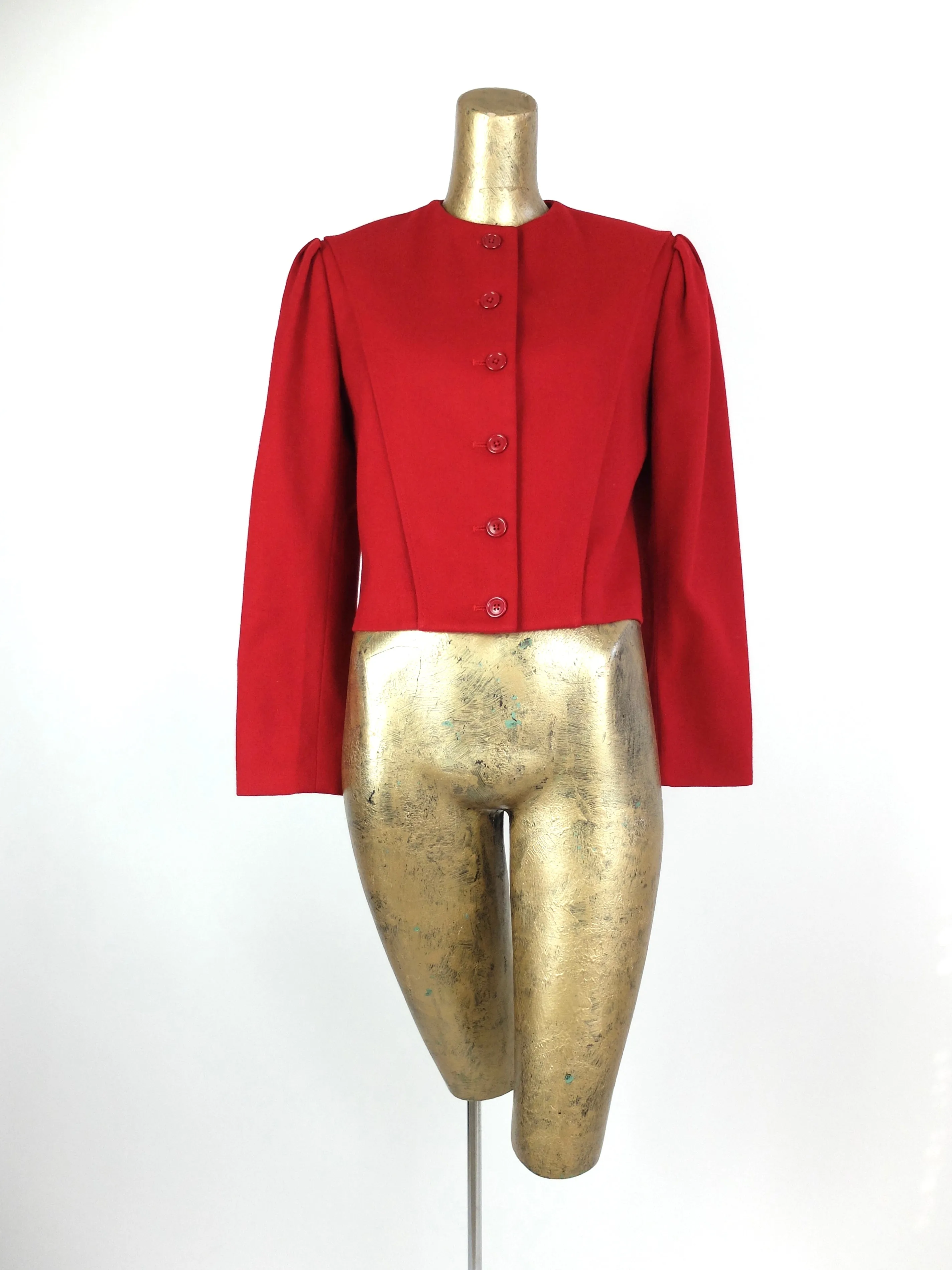 80s Mod Style Red Wool Structured Boxy Button Down Puff Sleeve Blazer Jacket with Padded Shoulders