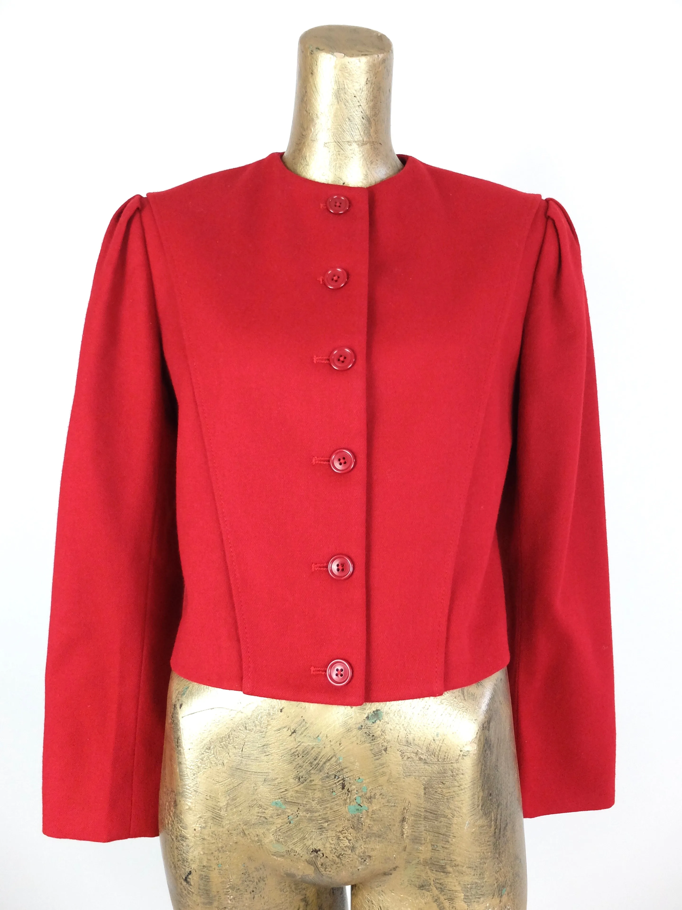 80s Mod Style Red Wool Structured Boxy Button Down Puff Sleeve Blazer Jacket with Padded Shoulders