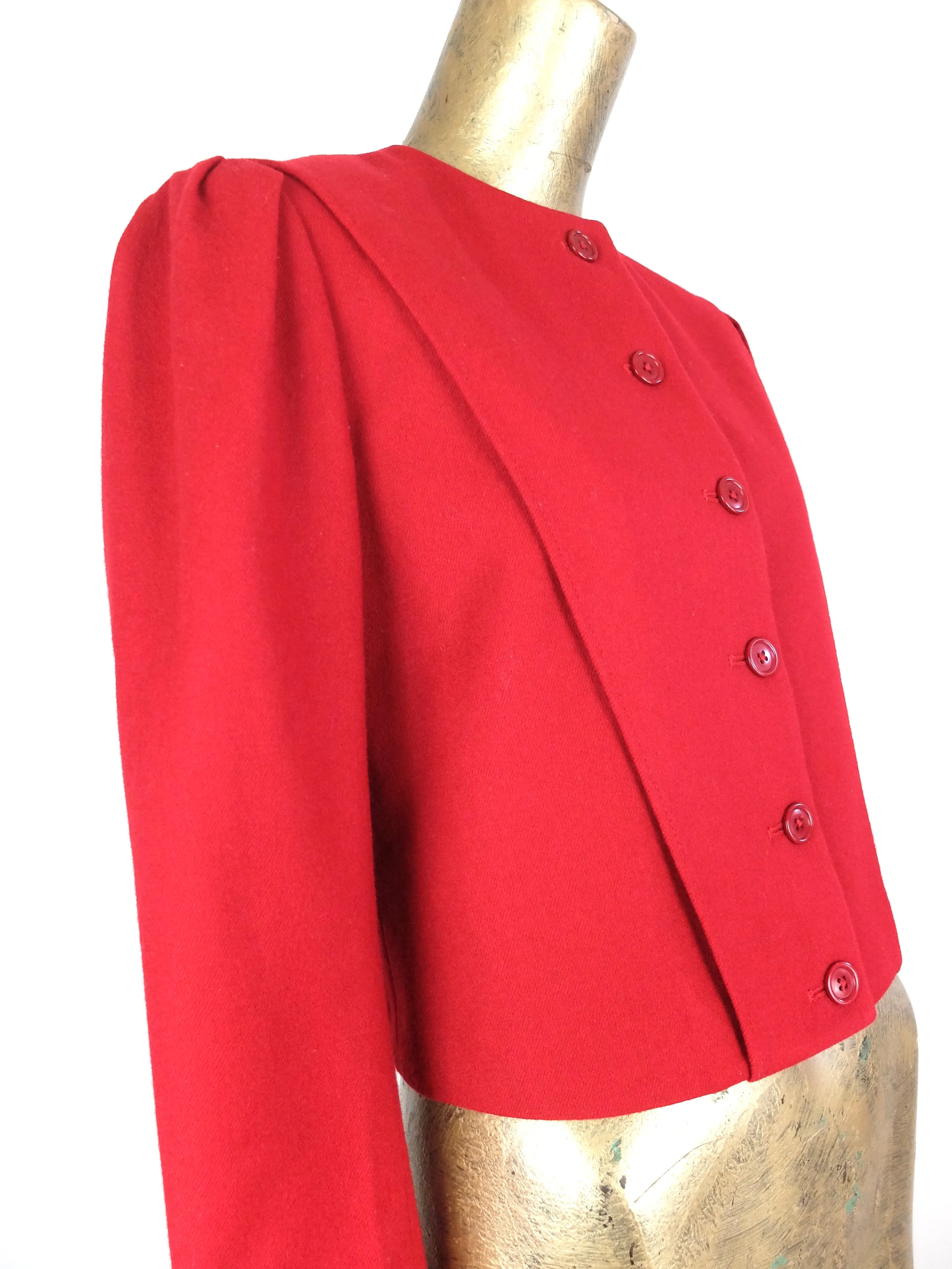 80s Mod Style Red Wool Structured Boxy Button Down Puff Sleeve Blazer Jacket with Padded Shoulders