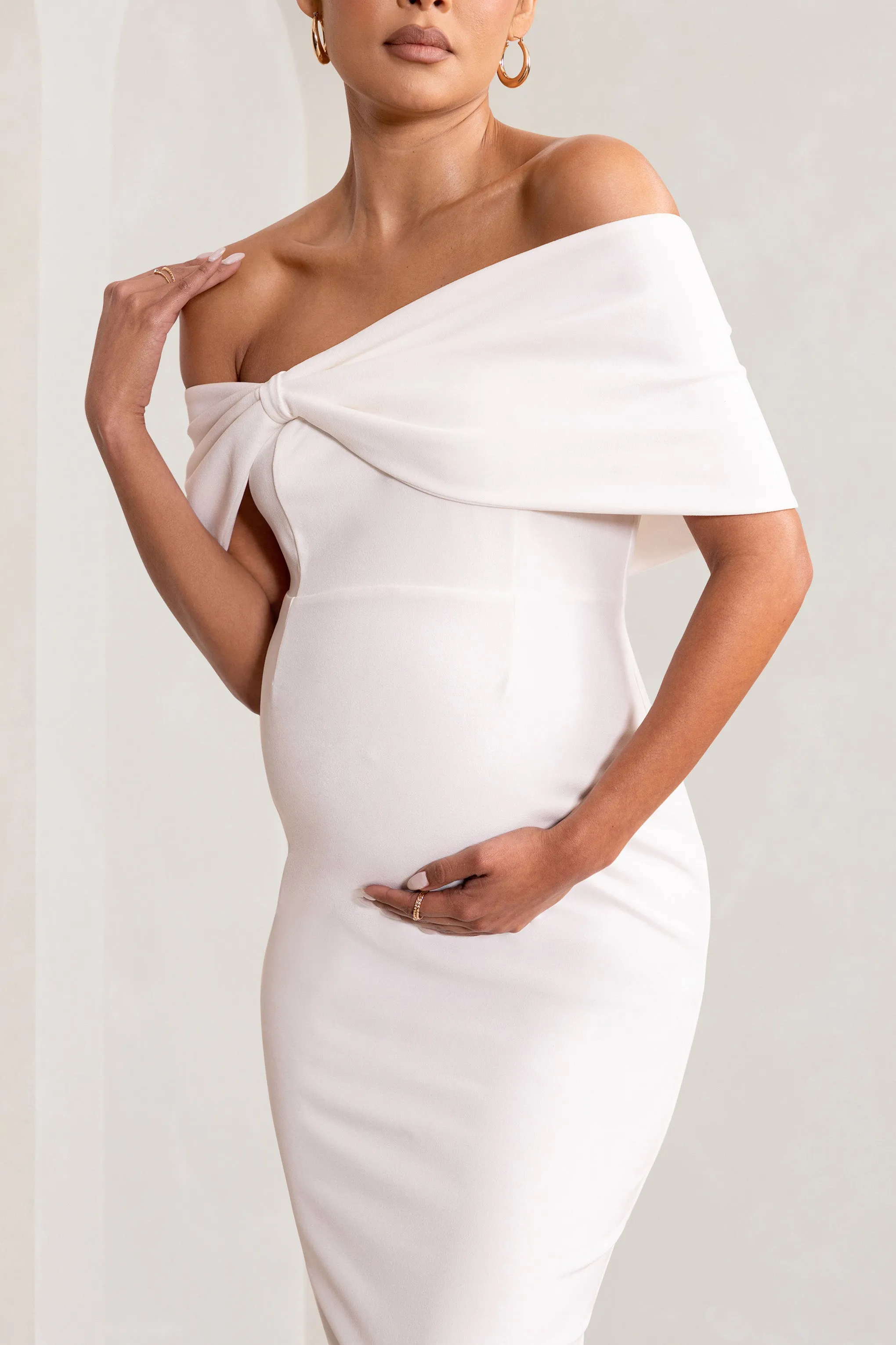 Alyssa | White Bardot Bow Maternity Midi Dress with Ruching