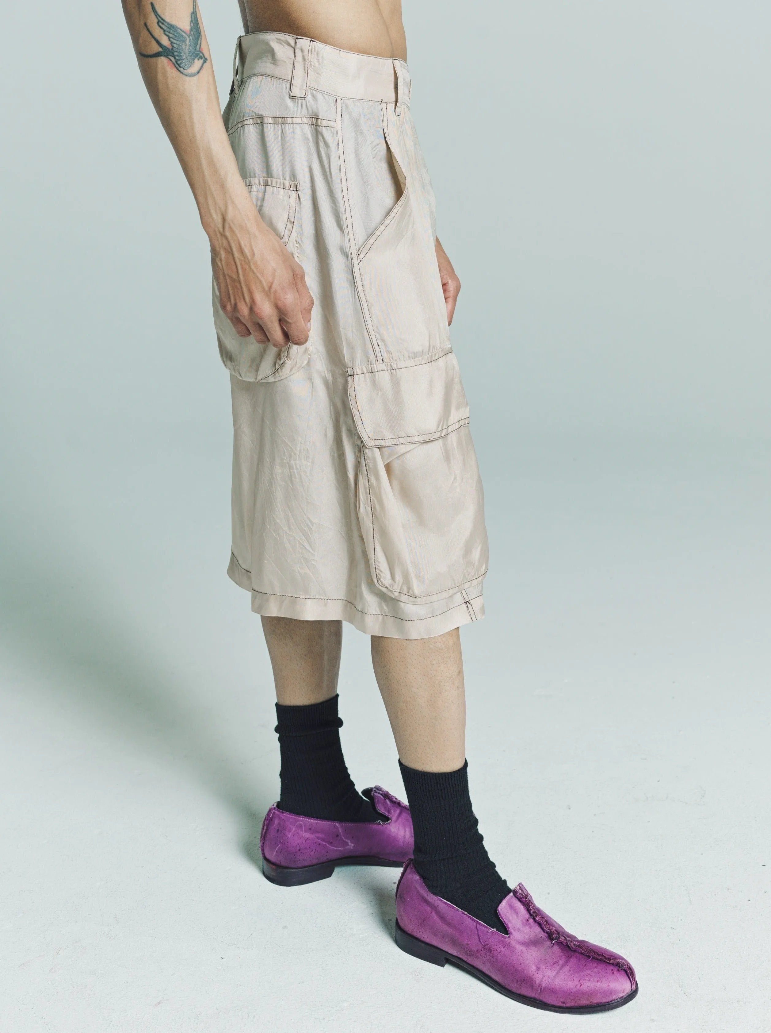 Beige Lining Sag Cargo Shorts