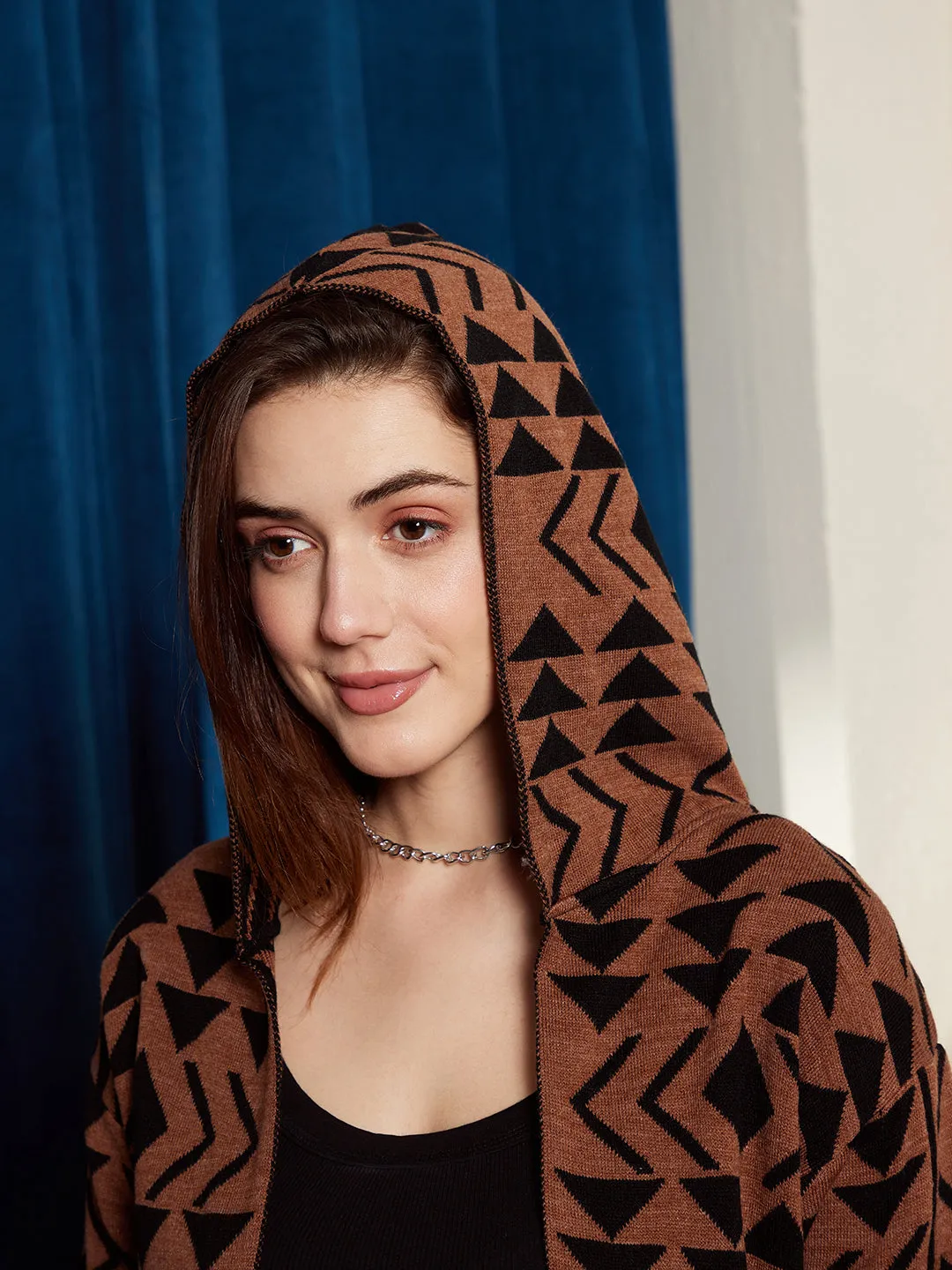 Berrylush Women Brown & Black Geometric Printed Hood Neck Drop-Shoulder Sleeves Open-Front Ribbed Hem Longline Cardigan