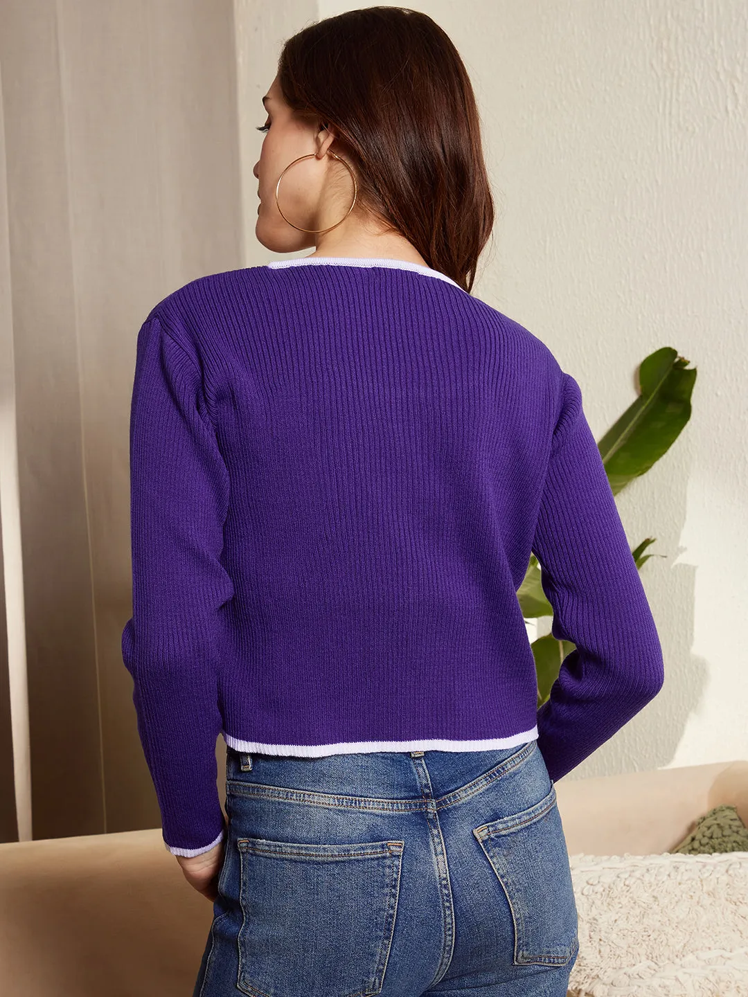 Berrylush Women Solid Purple & White Scoop Neck Contrast Trim Acrylic Ribbed Hem Knitted Cardigan & Crop Top Sweater