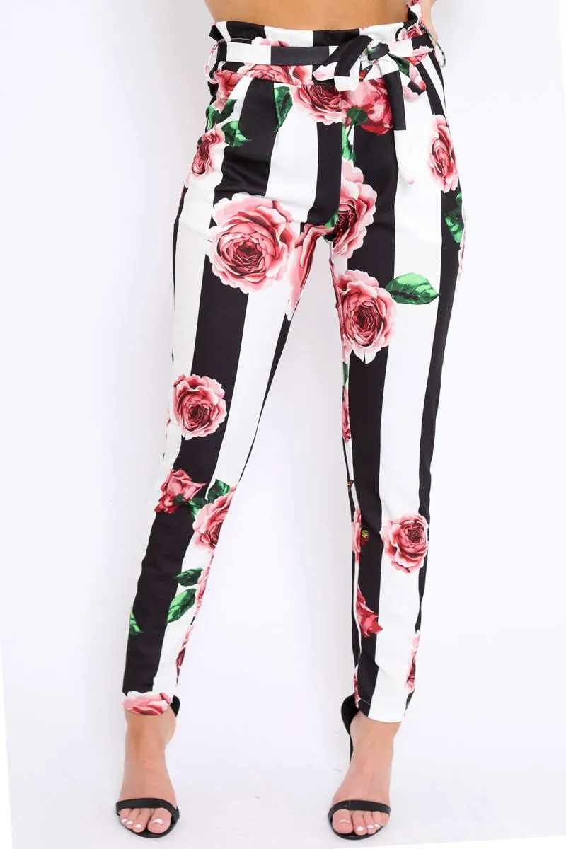 Black and White Striped Floral Tapered Trousers - Ledora