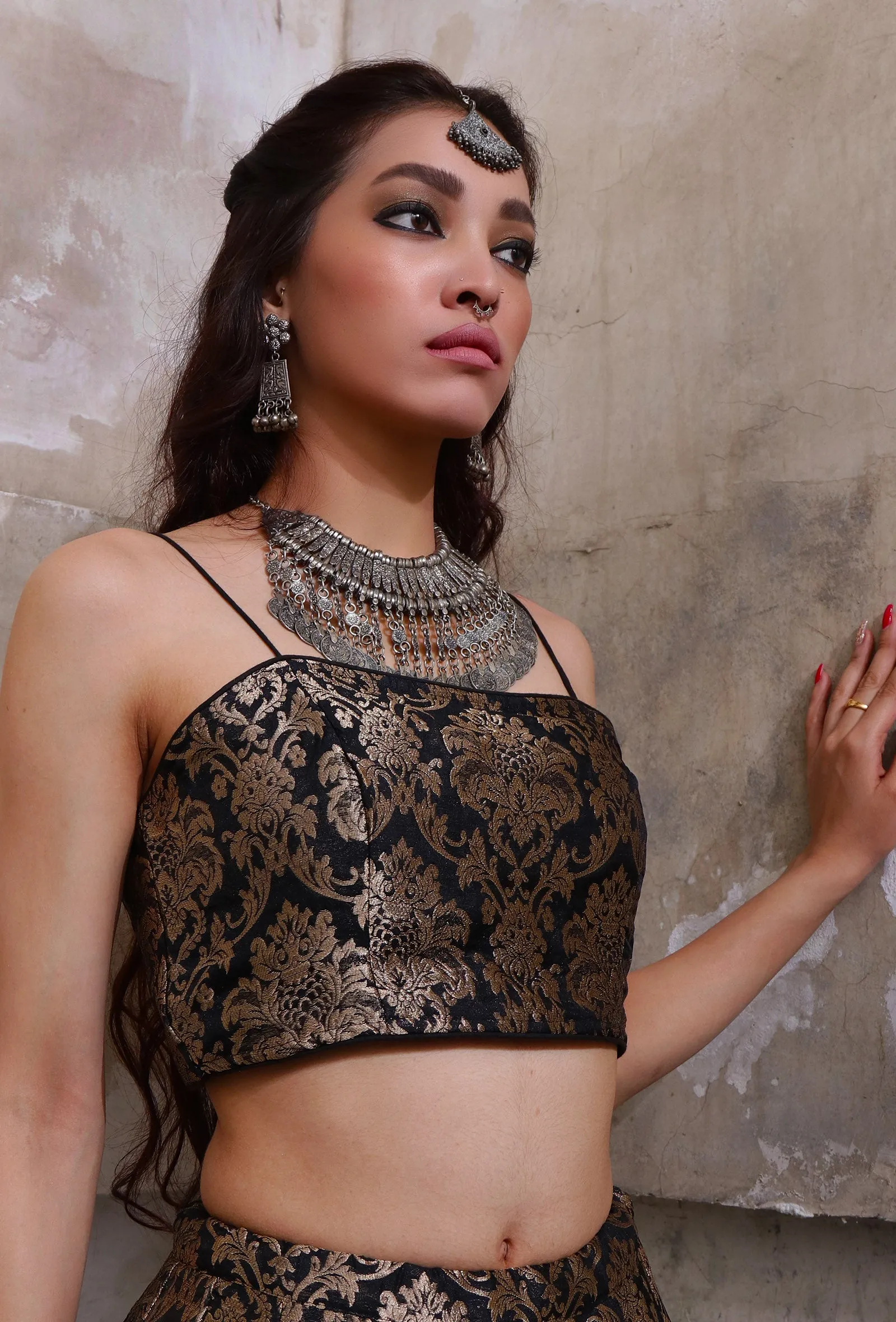 Black Banarasi Jacquard Crop Top