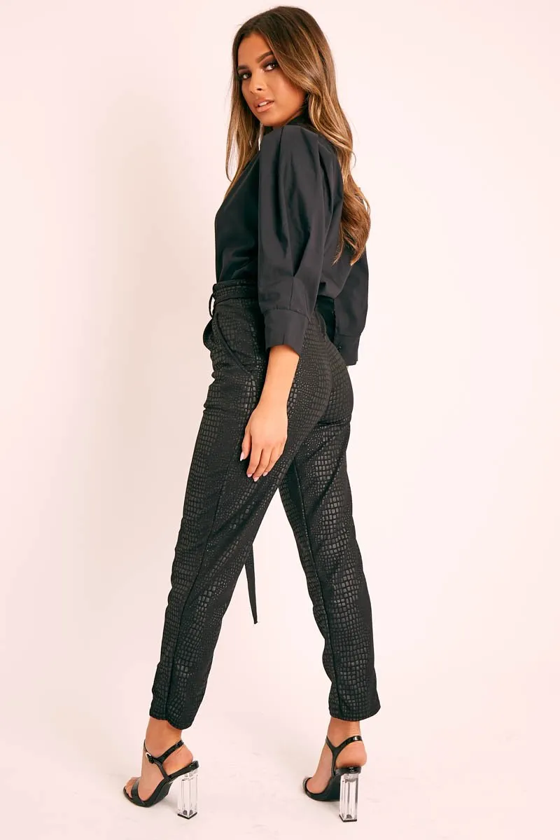 Black Belted Croc Print Tapered Trousers - Aasia