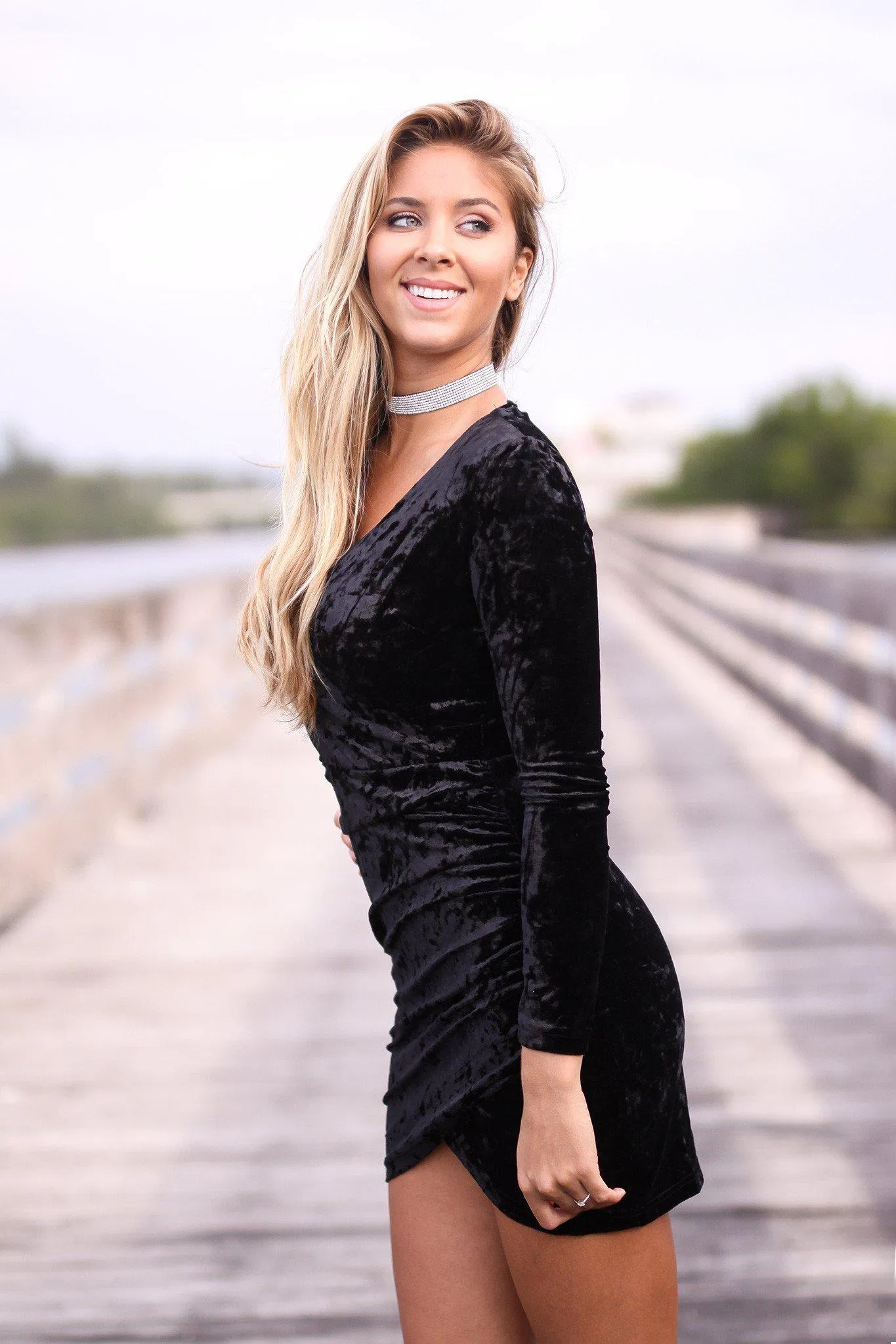 Black Crushed Velvet Wrap Dress