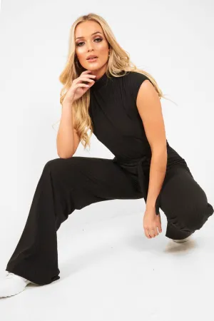 Black Ribbed High Neck Wide Leg Belted Jumpsuit - Rayden