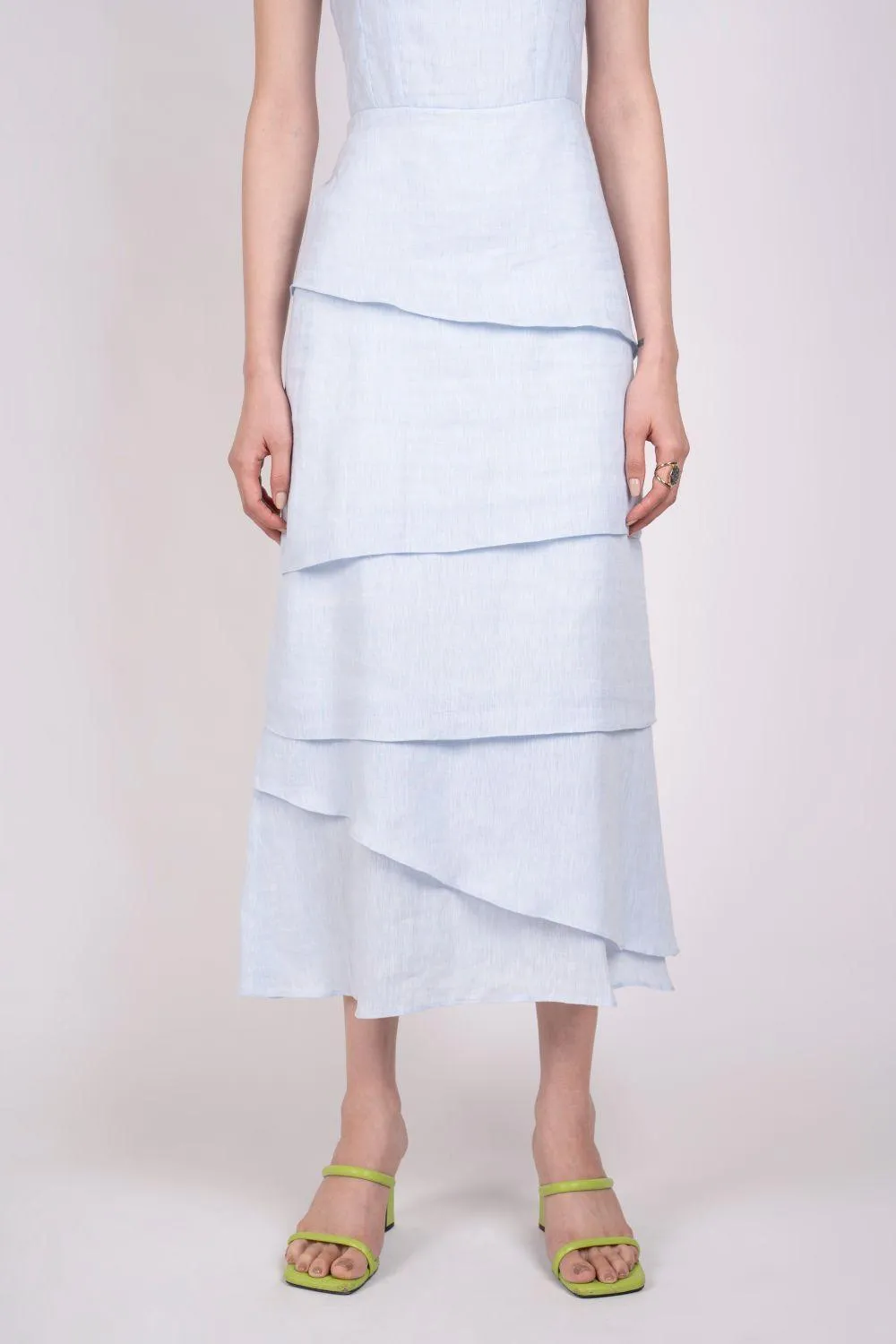 Blue Layered Square Neck Linen Midi Dress