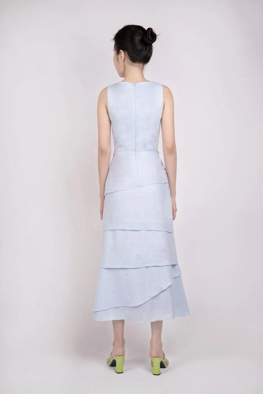 Blue Layered Square Neck Linen Midi Dress