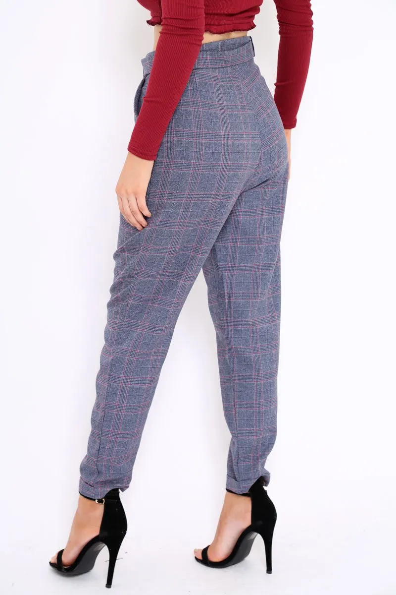 Blue Tartan Ring Belted Tapered Trousers - Klara