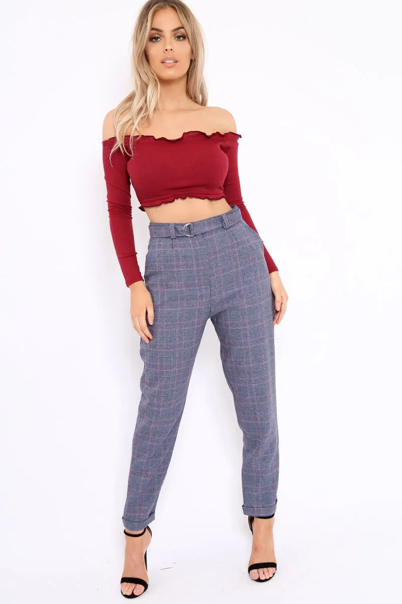 Blue Tartan Ring Belted Tapered Trousers - Klara