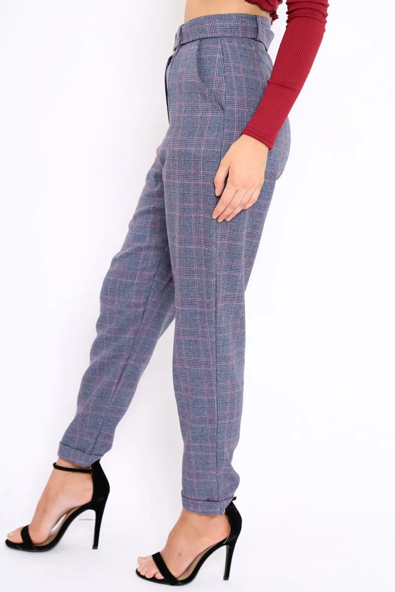 Blue Tartan Ring Belted Tapered Trousers - Klara