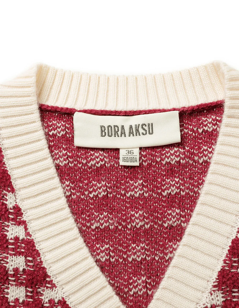 BORA AKSU Color Block Red Apricot Check Knitted Short Cardigan