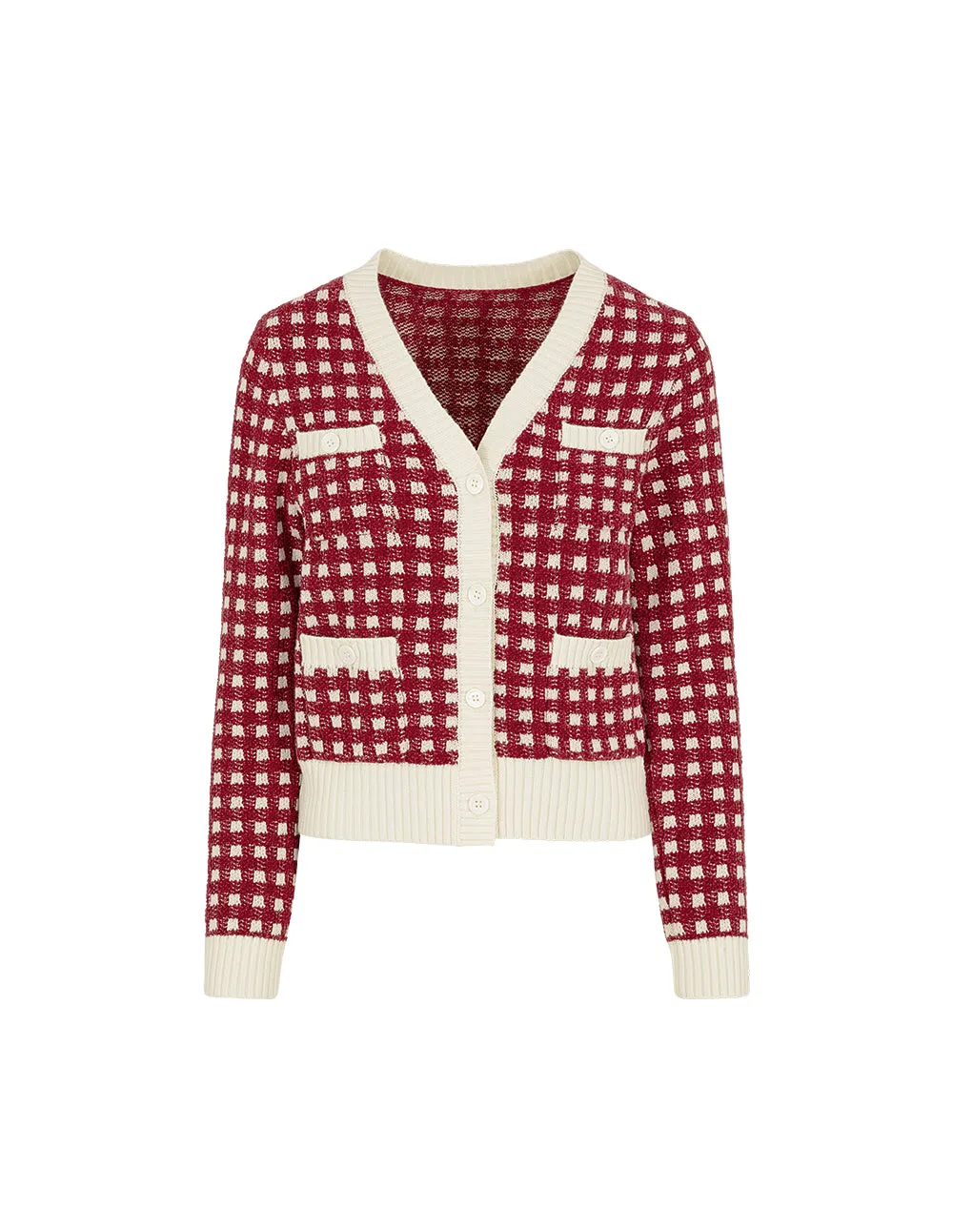 BORA AKSU Color Block Red Apricot Check Knitted Short Cardigan