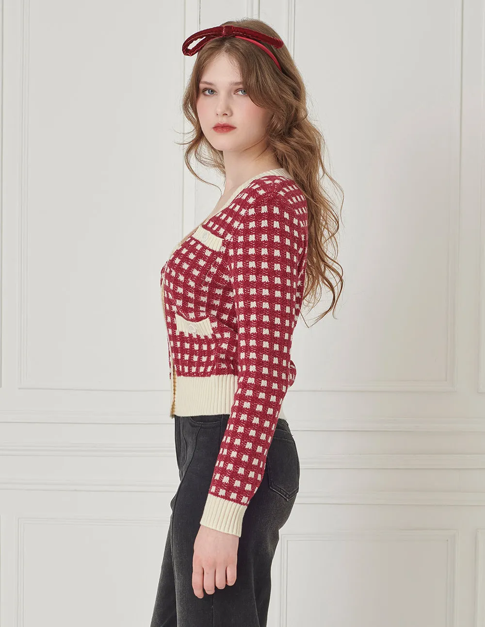 BORA AKSU Color Block Red Apricot Check Knitted Short Cardigan