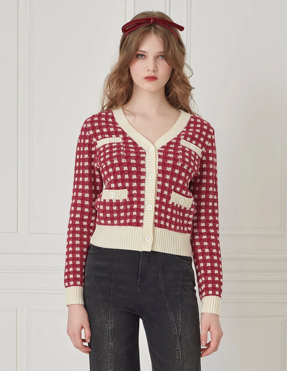 BORA AKSU Color Block Red Apricot Check Knitted Short Cardigan