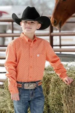 BOY'S GEOMETRIC PRINT BUTTON-DOWN WESTERN SHIRT - ORANGE