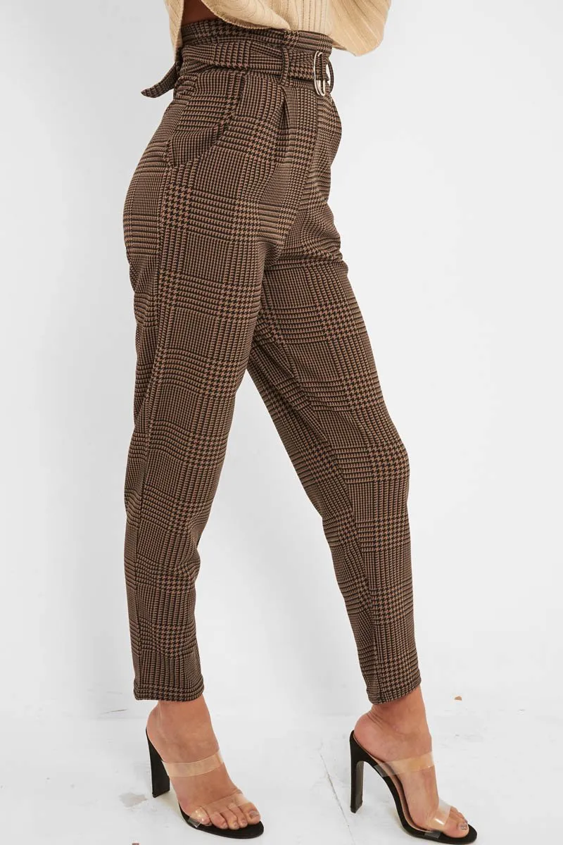 Brown Black Houndstooth Belted Tapered Trousers - Aasia