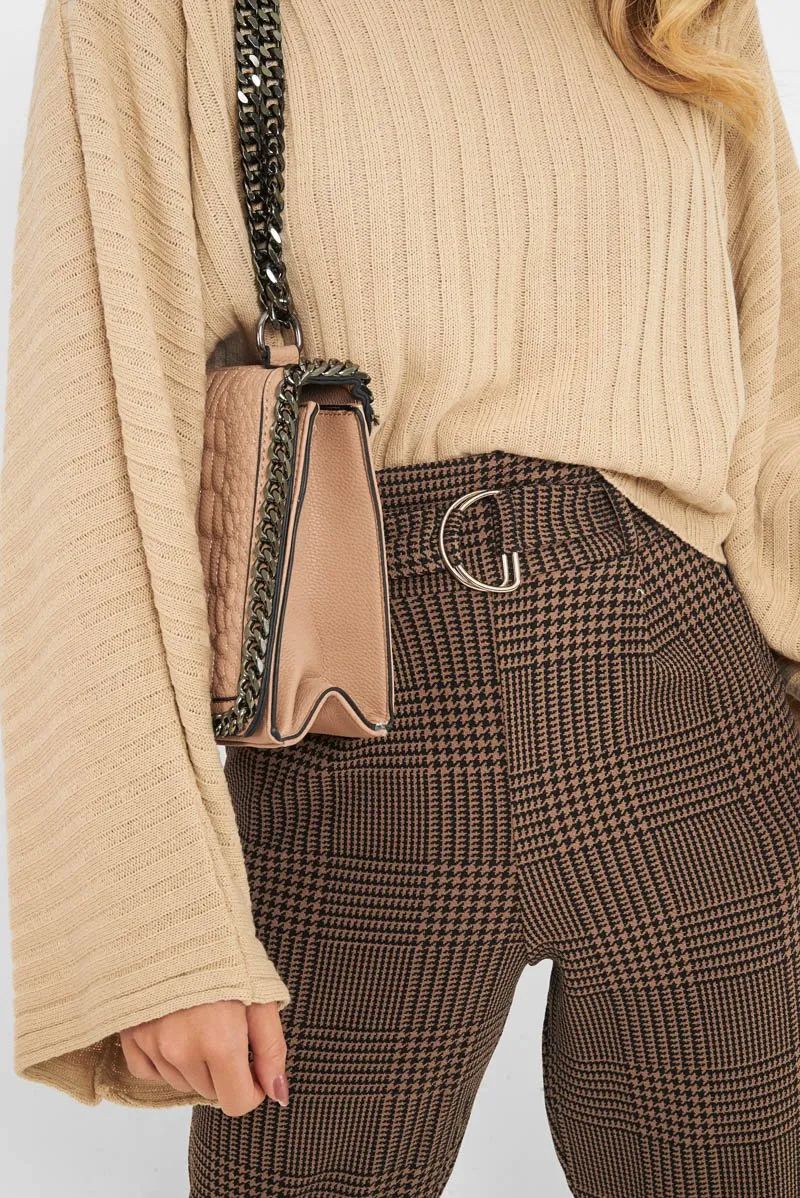 Brown Black Houndstooth Belted Tapered Trousers - Aasia