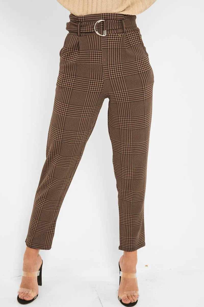 Brown Black Houndstooth Belted Tapered Trousers - Aasia