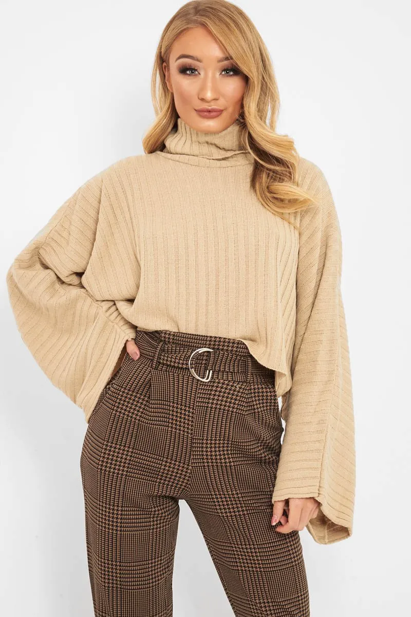 Brown Black Houndstooth Belted Tapered Trousers - Aasia