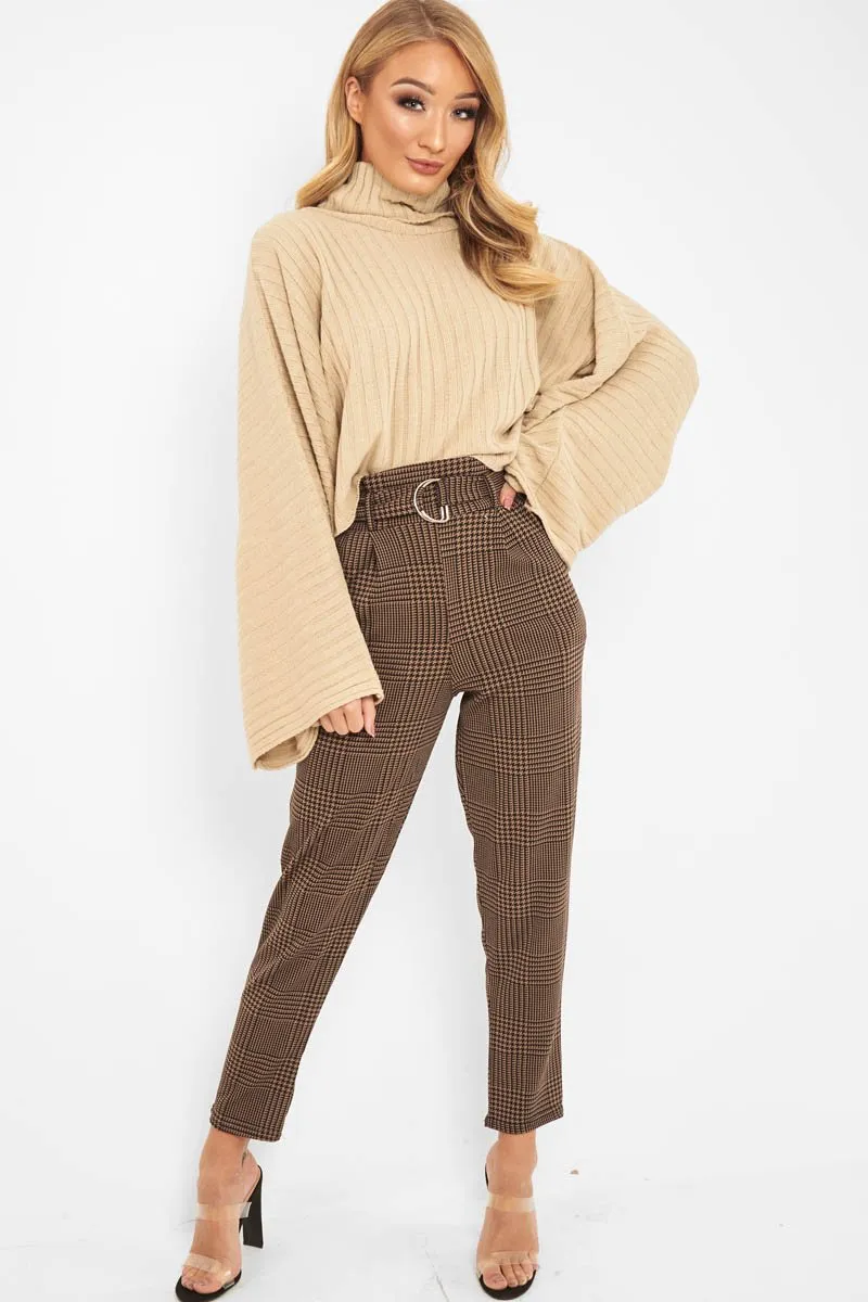 Brown Black Houndstooth Belted Tapered Trousers - Aasia