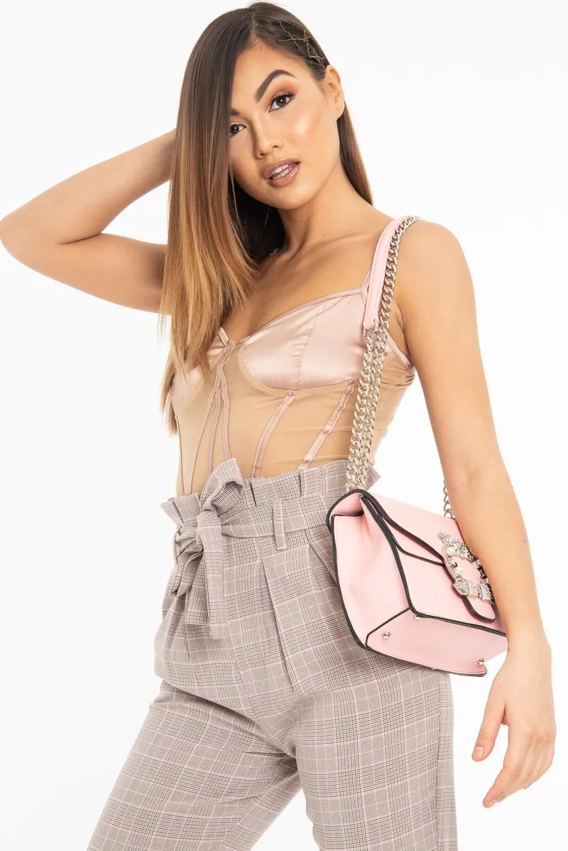 Brown Pink Check Tie Waist Tapered Trousers - Nikita