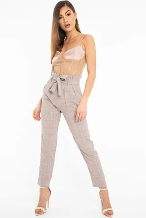 Brown Pink Check Tie Waist Tapered Trousers - Nikita