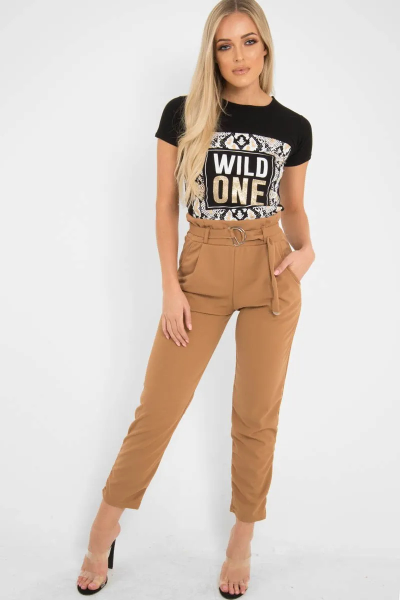 Camel Tapered Belted Cigarette Trousers - Myasia