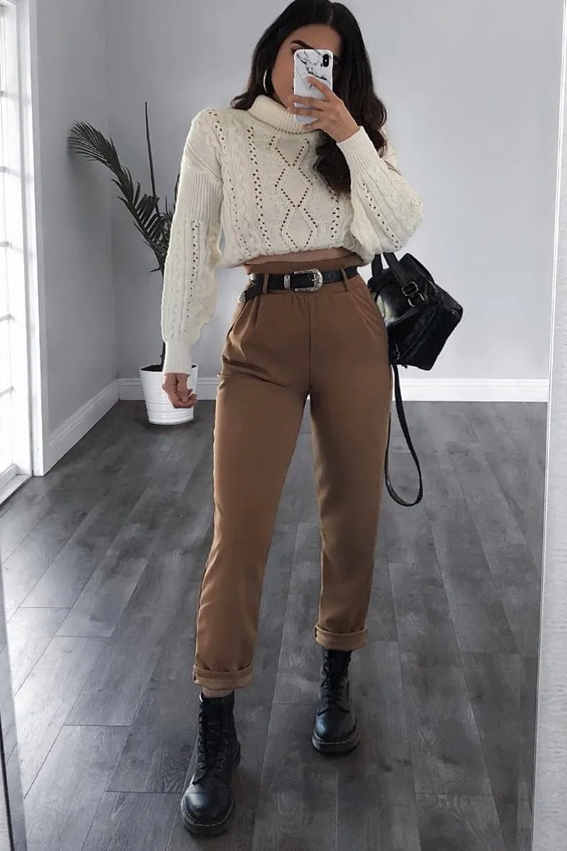 Camel Tapered Belted Cigarette Trousers - Myasia