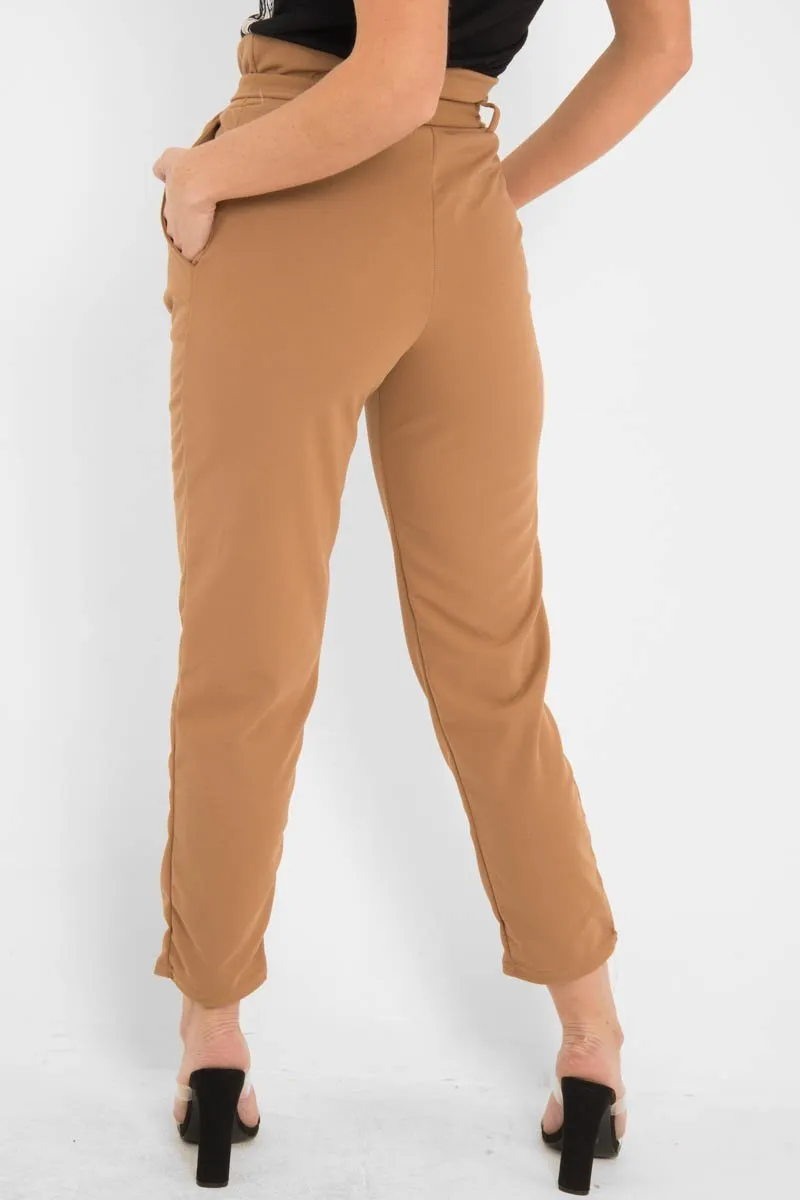 Camel Tapered Belted Cigarette Trousers - Myasia