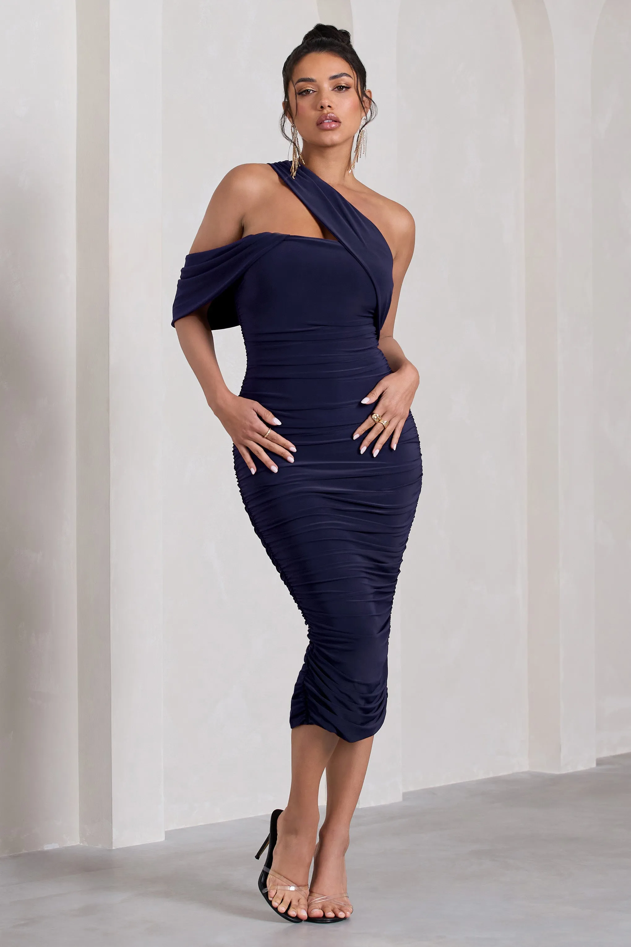 Cici | Navy Asymmetric One Shoulder Ruched Midi Dress