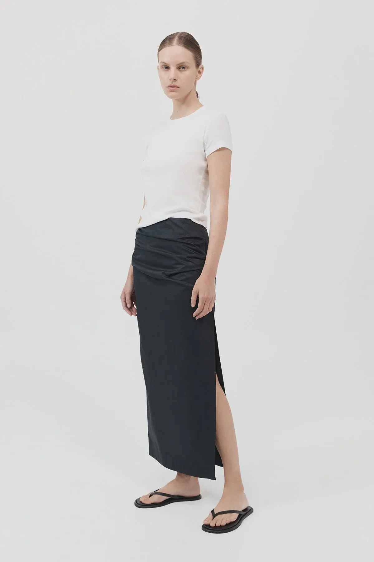 COTTON TUCK MIDI SKIRT BLACK