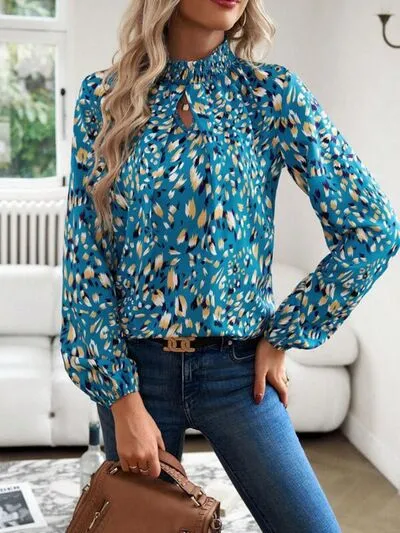 Cutout Printed Mock Neck Balloon Sleeve Blouse