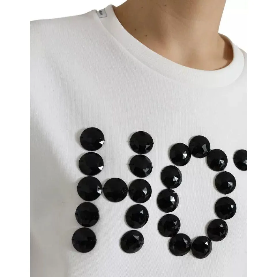 Dolce & Gabbana White Cotton Black HOT Crystal Top T-shirt