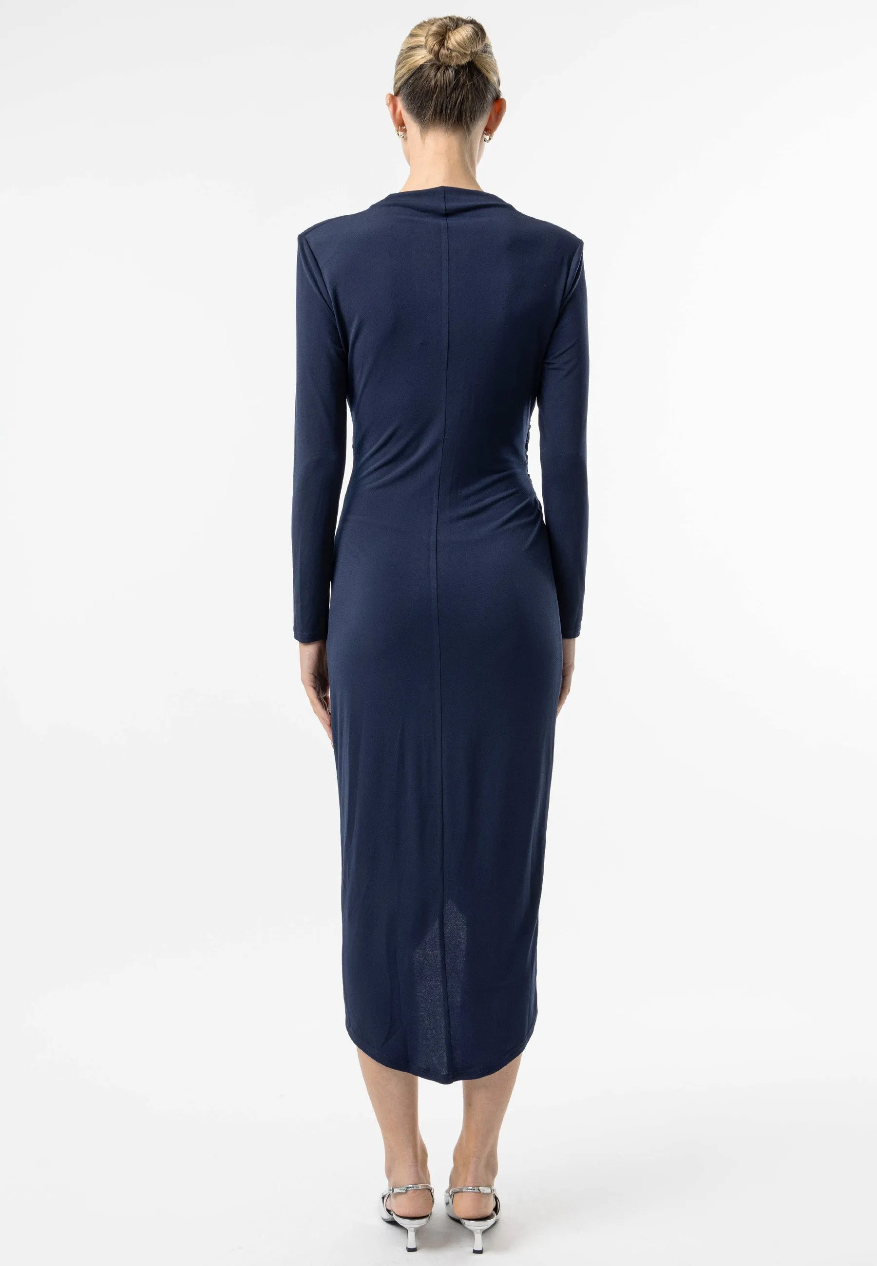 Faux Wrap Long Sleeves Midi Cocktail Dress in Navy