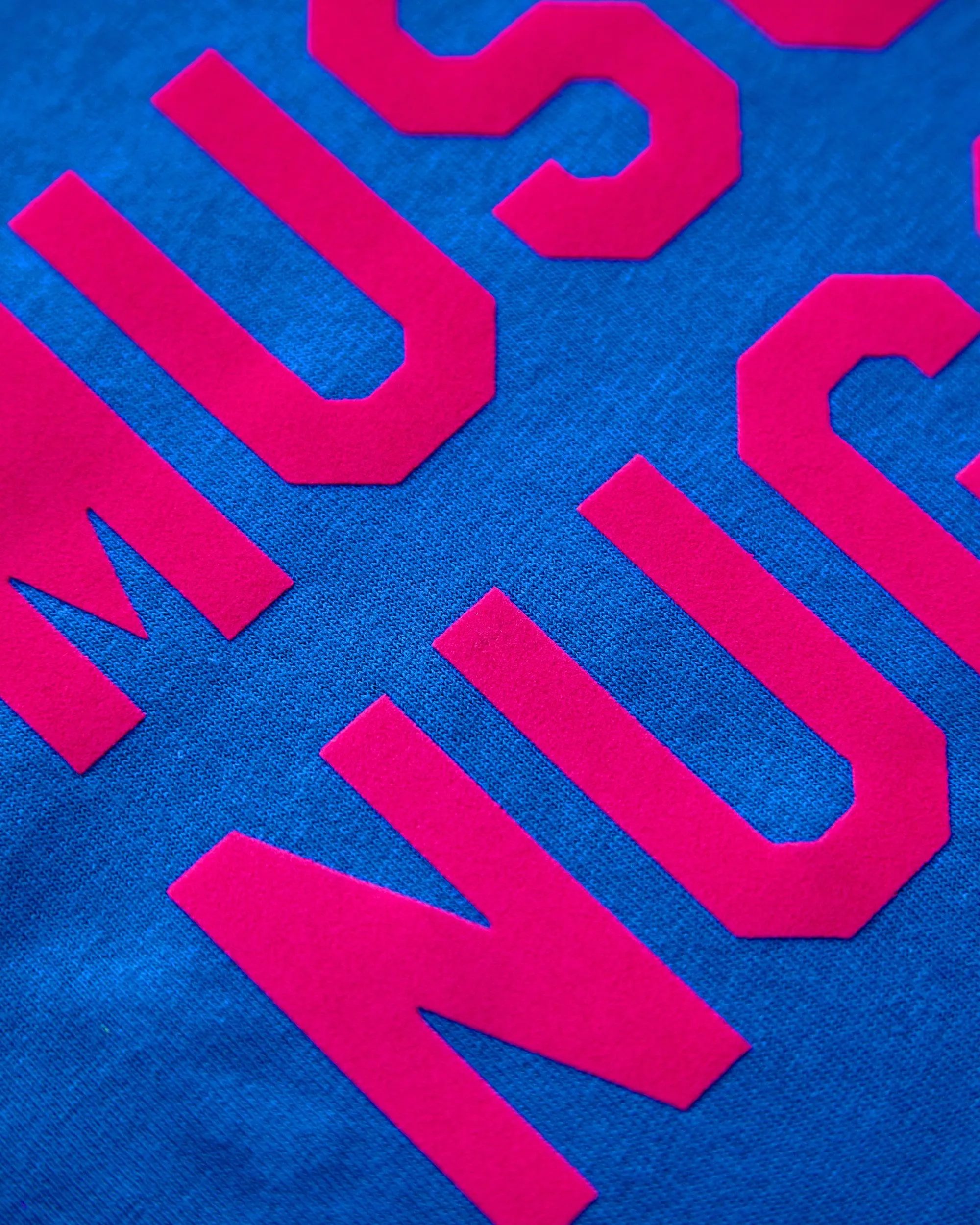 Fluorescent pink flock muscle nugget - blue crop top