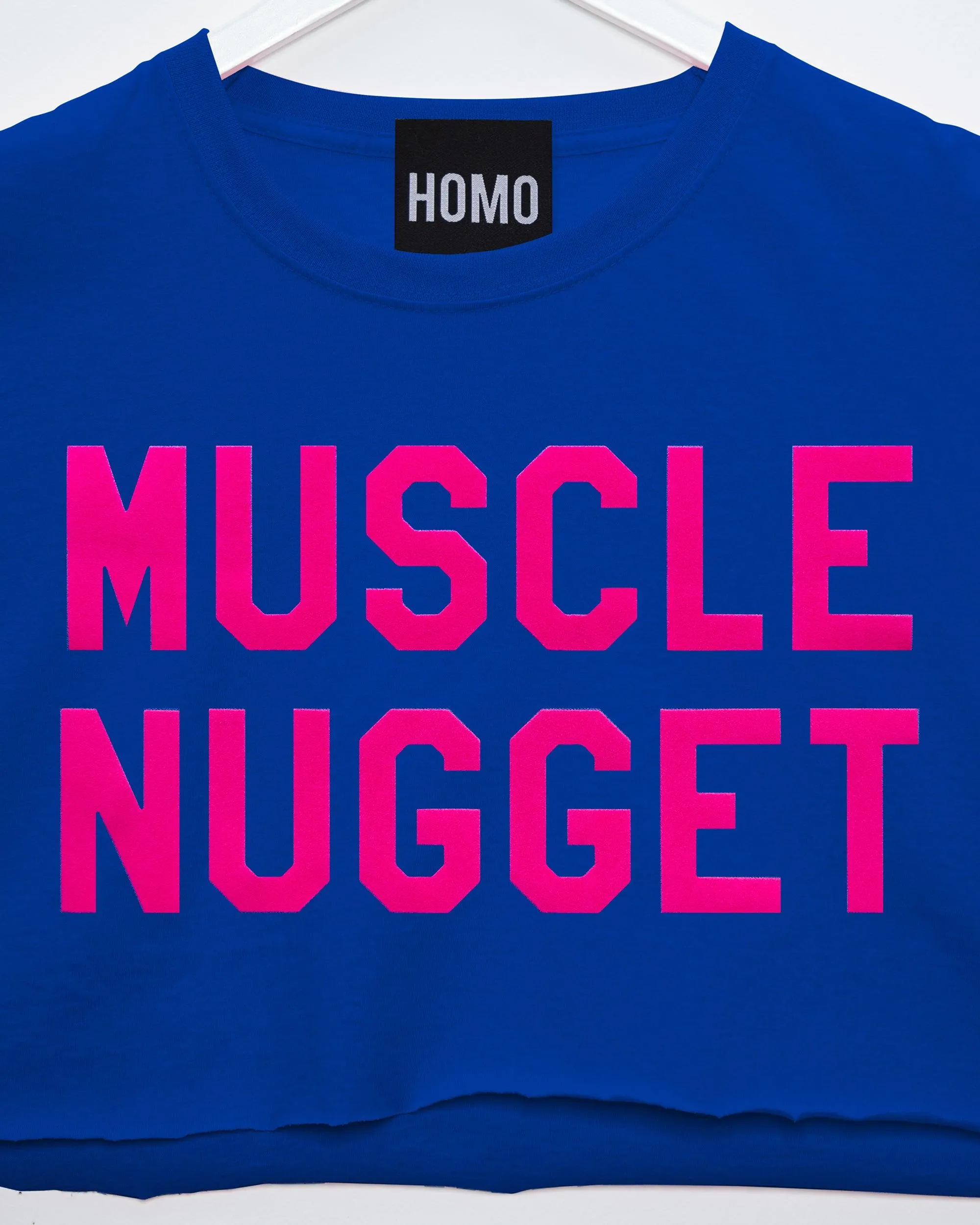 Fluorescent pink flock muscle nugget - blue crop top