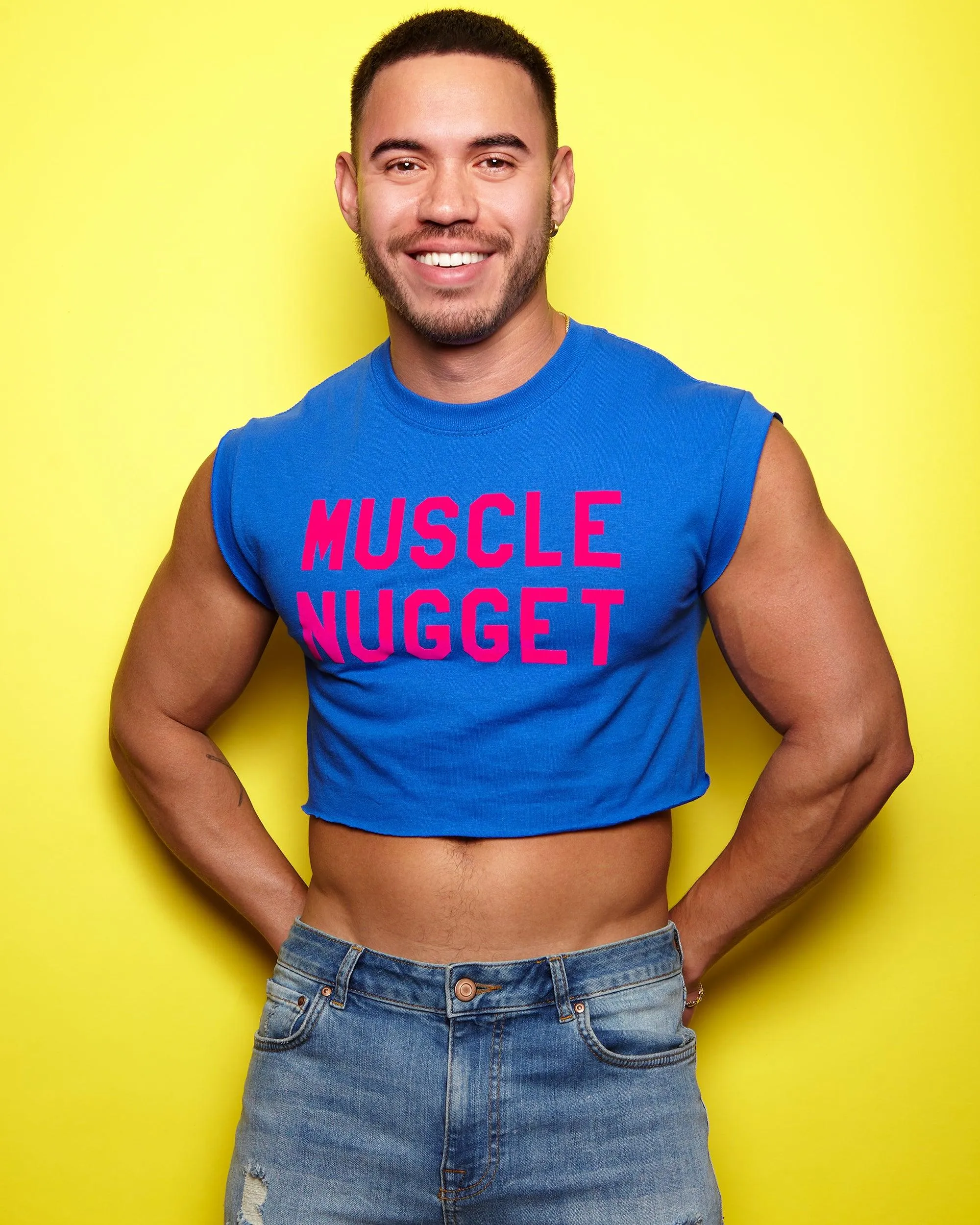 Fluorescent pink flock muscle nugget - blue crop top