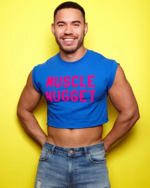 Fluorescent pink flock muscle nugget - blue crop top