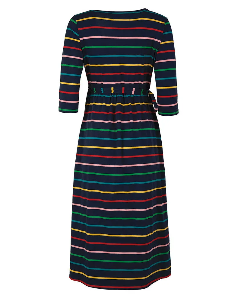 Frugi Adult Indigo Rainbow Stripe Rico Wrap Dress