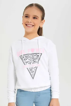 Girls Printed White Hooded Sweatshirt