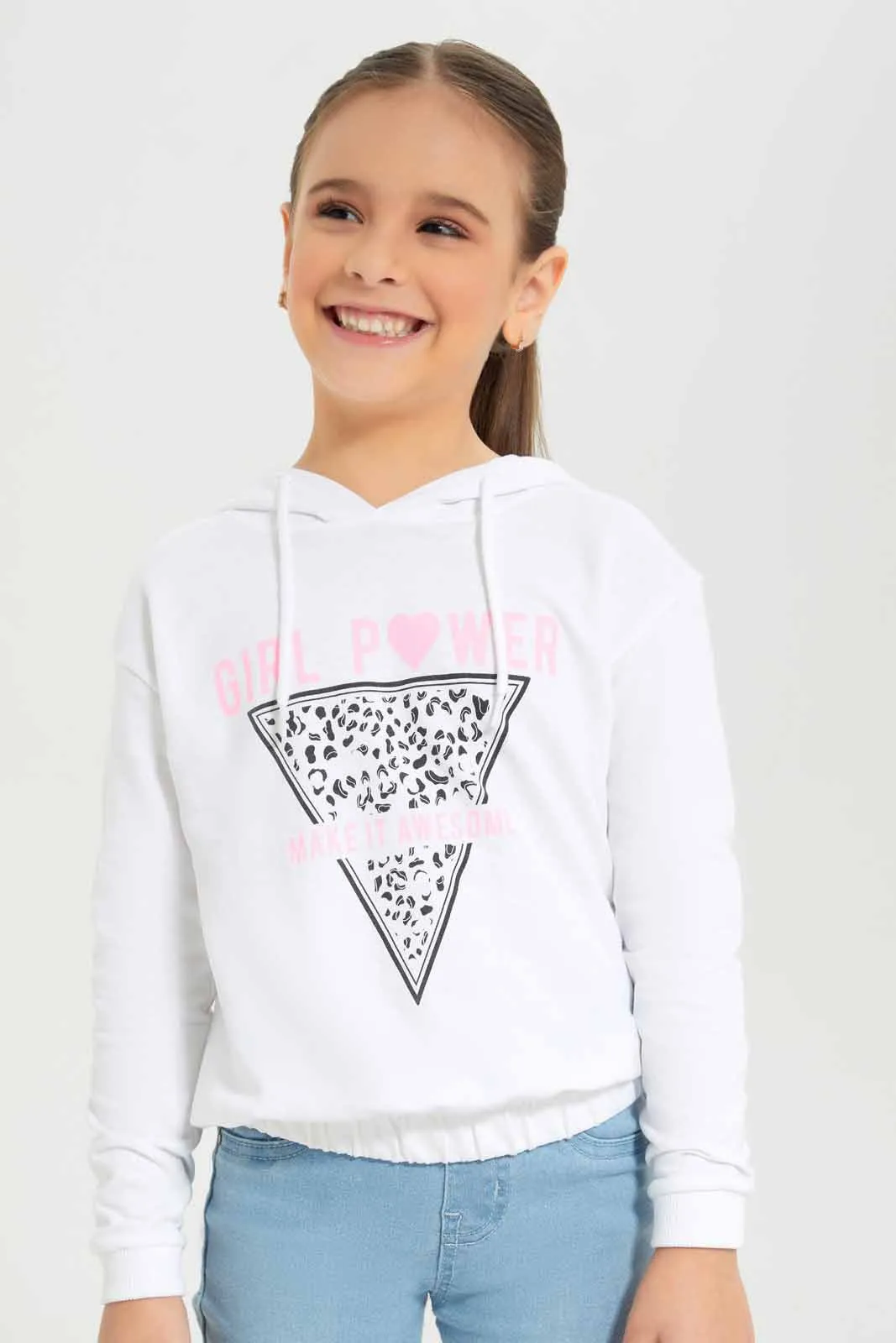 Girls Printed White Hooded Sweatshirt