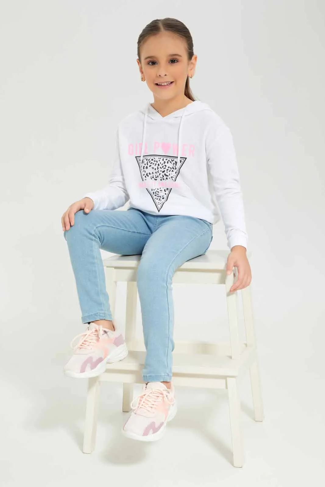 Girls Printed White Hooded Sweatshirt