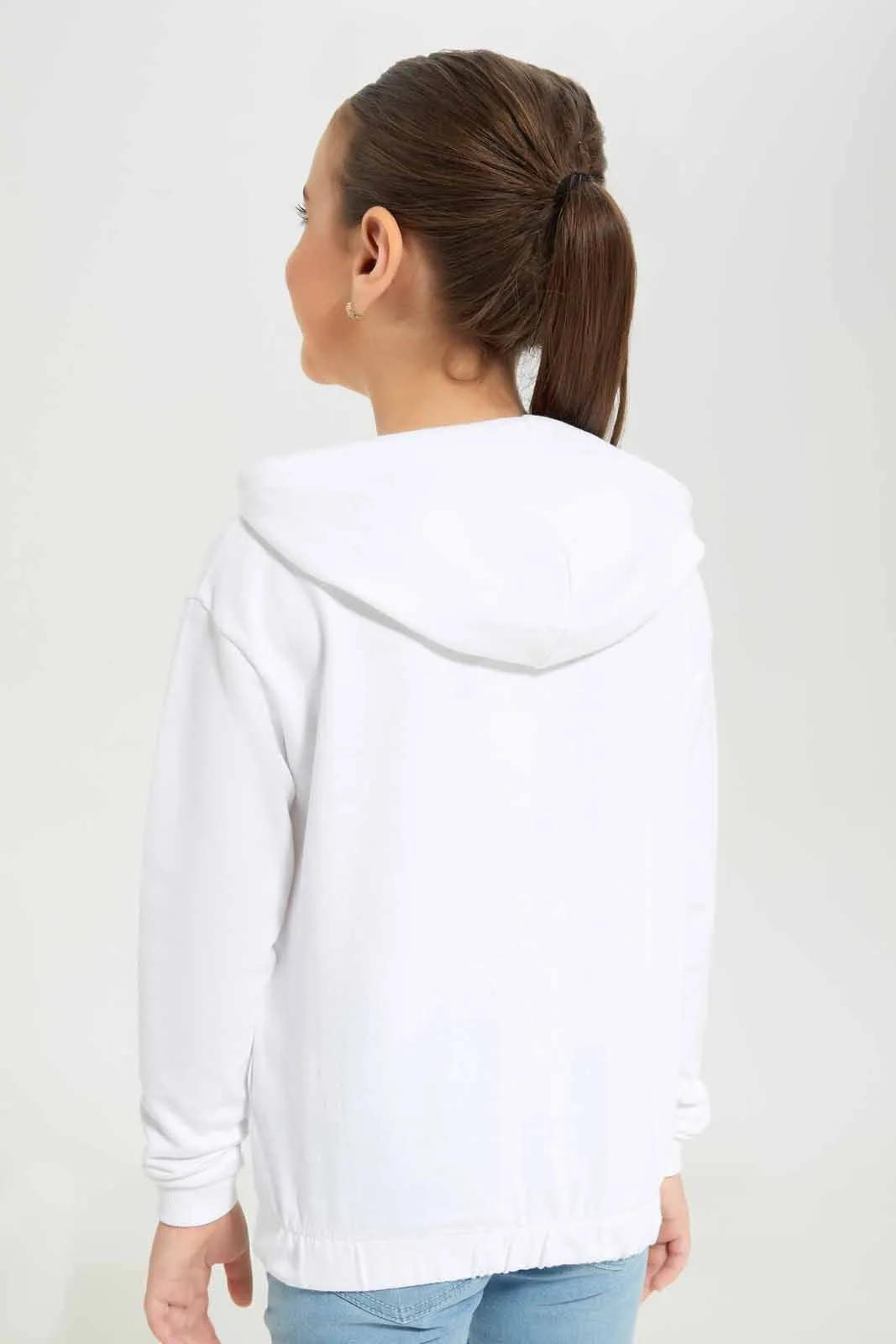 Girls Printed White Hooded Sweatshirt