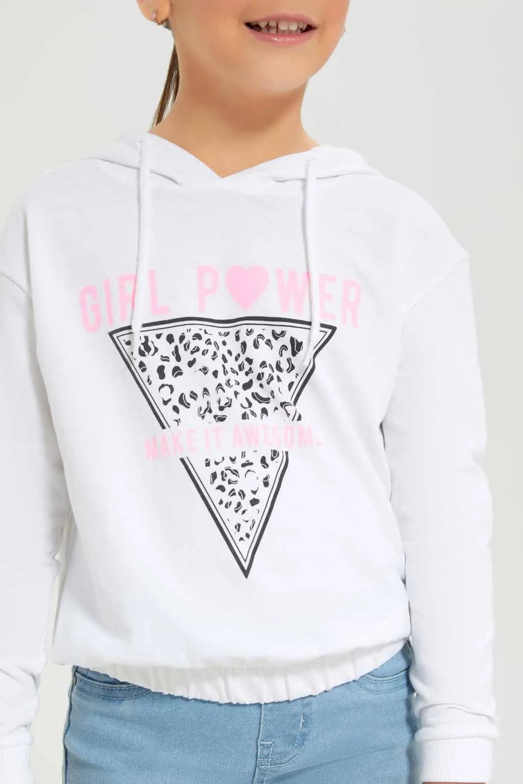 Girls Printed White Hooded Sweatshirt