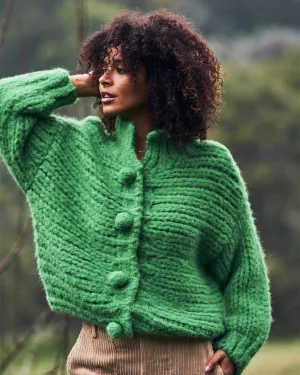 Green Hand Knitted Pom Pom Cardigan