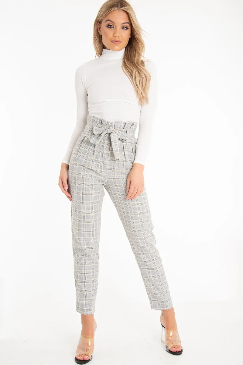 Grey Mustard Check Tie Waist Tapered Trousers - Nikita