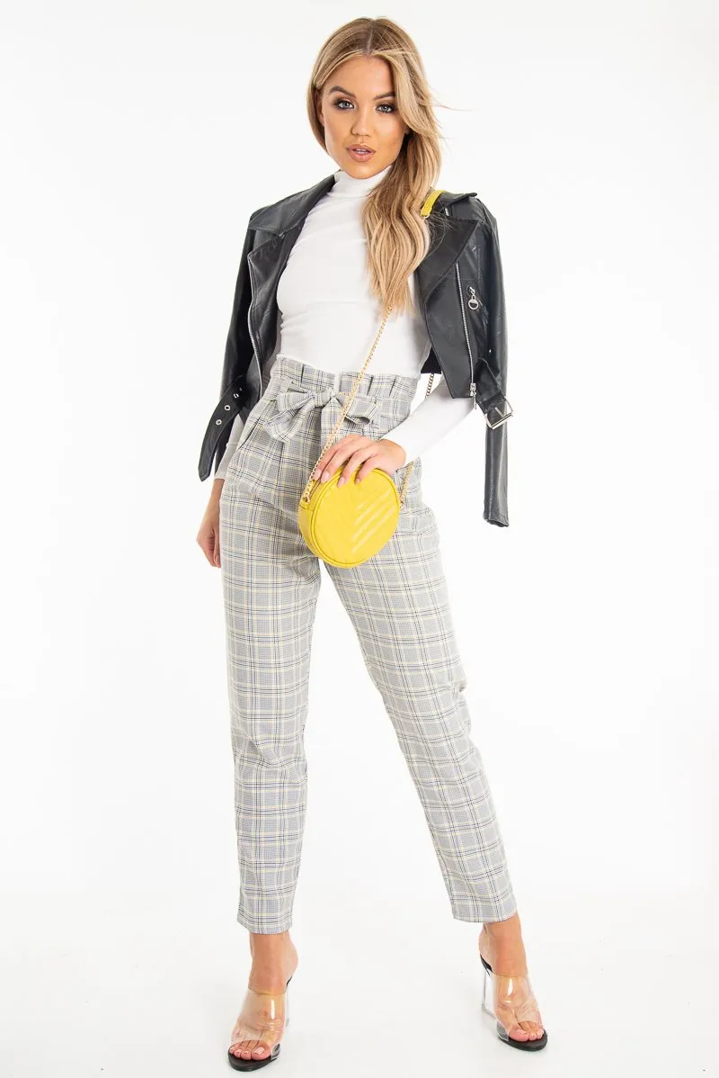 Grey Mustard Check Tie Waist Tapered Trousers - Nikita